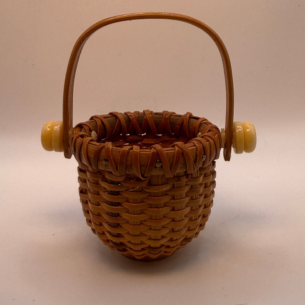 Handmade Nantucket Lightship Basket Miniature Brown Woven Swing Handle Decor - Picture 4 of 11